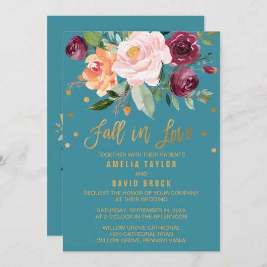 Invitation Automne Floral | Fall In Love Mariage Turquoise (Devant / Derrière)