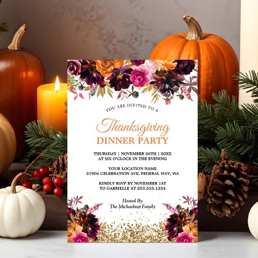 Invitation Automne Floral Gold Parties scintillant Thanksgivi