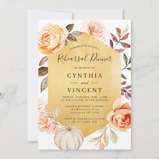 Invitation Automne Floral Luxury Gold Mariage Dîner de répéti (Devant)