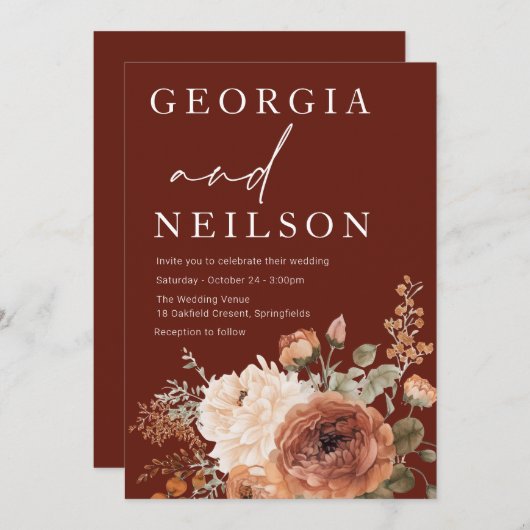 Invitation Automne Floral Mariage moderne (Devant / Derrière)
