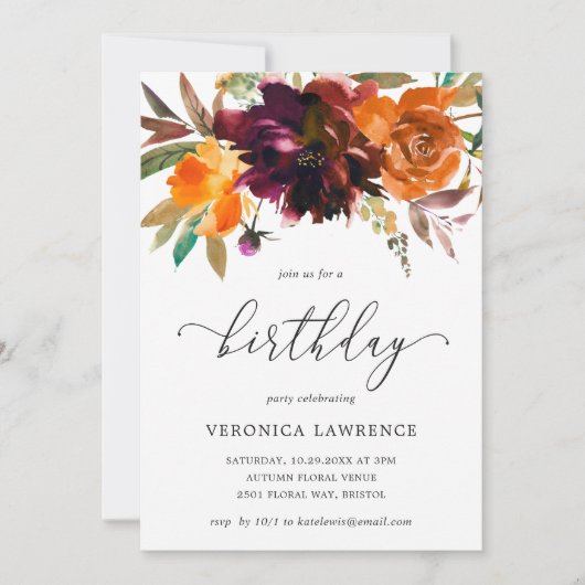 Invitation Automne Floral Orange Bourgogne Femme Anniversaire (Devant)