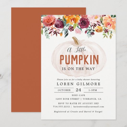 Invitation Automne Floral Petit Baby shower Citrouille (Devant / Derrière)