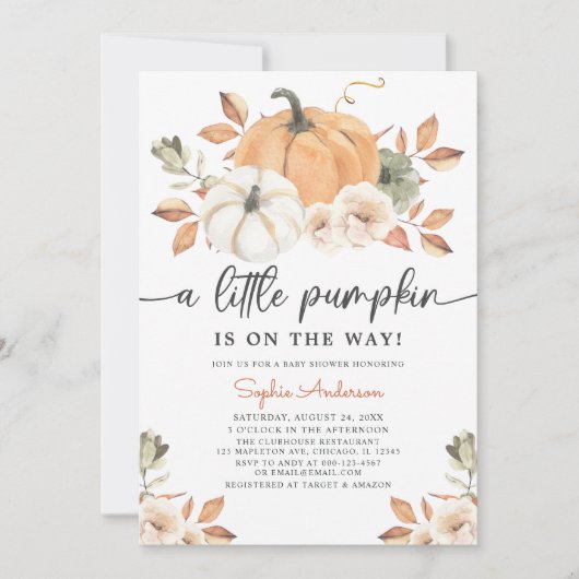 Invitation Automne Floral Petit Baby shower Citrouille (Devant)