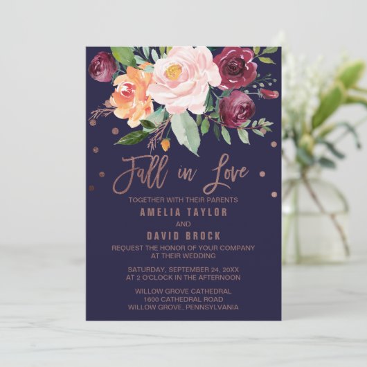 Invitation Automne Floral Rose Gold chute en amour Mariage (Debout devant)