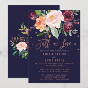 Invitation Automne Floral Rose Gold chute en amour Mariage