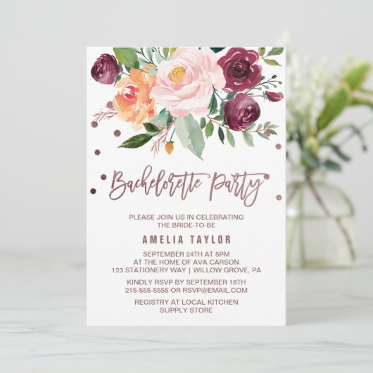 Invitation Automne Floral Rose Gold Light Bachelorette Party (Debout devant)
