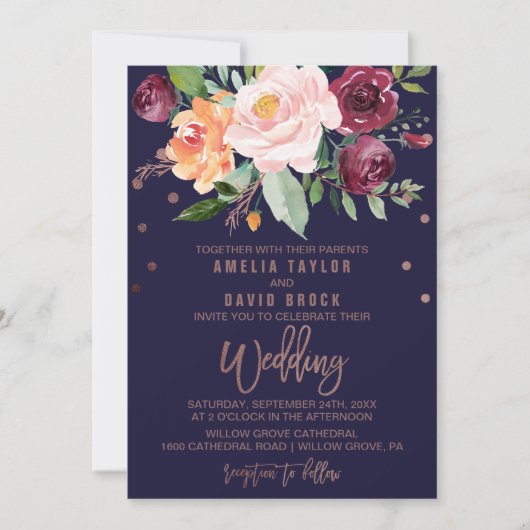 Invitation Automne Floral Rose Gold Typographie Backing Maria (Devant)