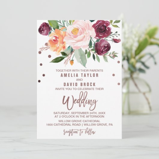 Invitation Automne Floral Rose or Mariage de typographie (Debout devant)