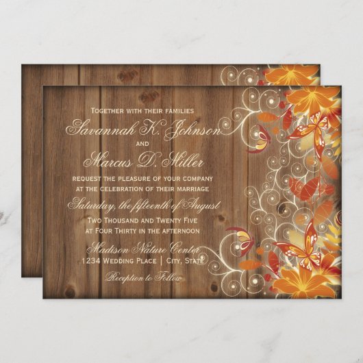 Invitation Automne Floral Rustique Bois Mariage de automne In (Devant / Derrière)