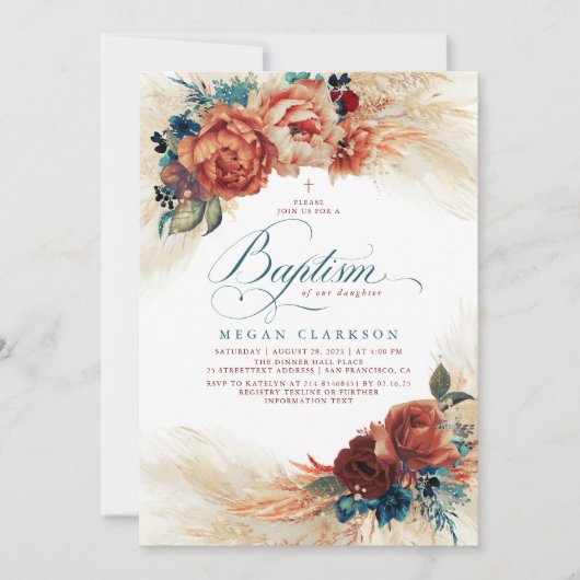 Invitation Automne Floral Turquoise Bleu et Terracotta Automn (Devant)