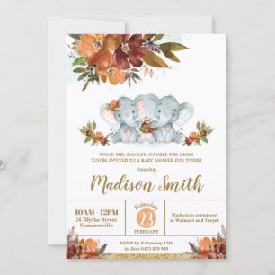 Invitation Automne Floral Twins Boy Girl Elephants Baby showe
