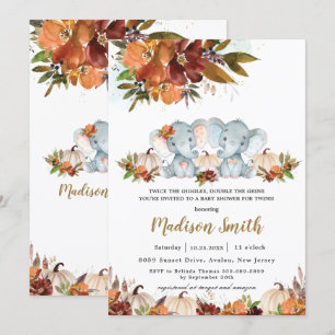 Invitation Automne Floral Twins Boy Girl Elephants Baby showe