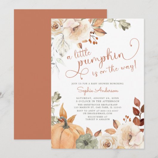 Invitation Automne Floral Un Petit Citrouille Baby shower Aut (Devant / Derrière)