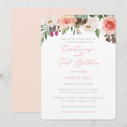 Invitation Automne Florals Fille Christening 1er anniversaire (Devant / Derrière)
