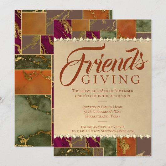 Invitation Automne Friendsgiving Chic Fall Gold Marble Dîner (Devant / Derrière)