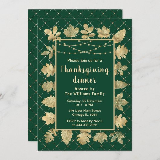 Invitation Automne Gold Feuilles Thanksgiving Dîner Vert (Devant / Derrière)