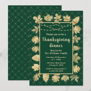 Invitation Automne Gold Feuilles Thanksgiving Dîner Vert