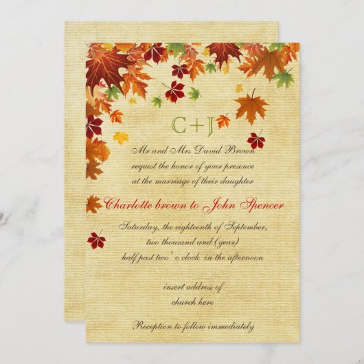 Invitation Automne laisse un Mariage rustique (Devant / Derrière)