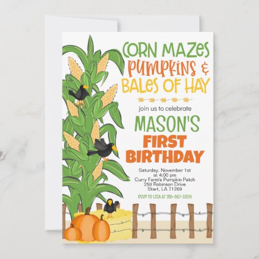 Invitation Automne Maïs Maze Citrouille Garçon Anniversaire (Devant)