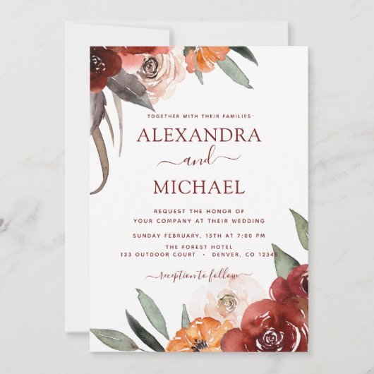 Invitation Automne Mariage Bourgogne Floral Automne (Devant)