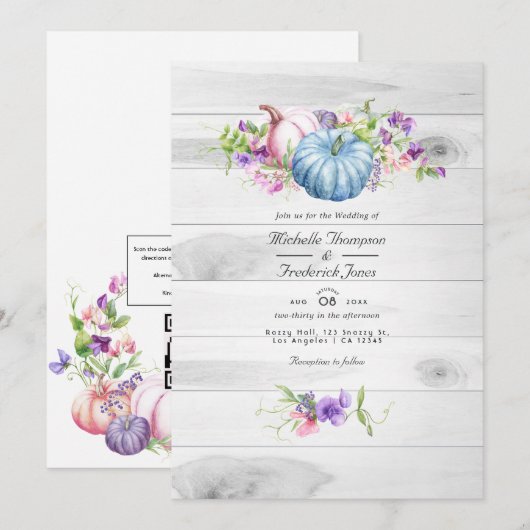 Invitation Automne - Mariage Floral Rustique QR Code RSVP (Devant / Derrière)