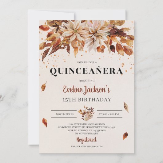 Invitation Automne Marigold Orange Fleurs Boho Quinceanera (Devant)