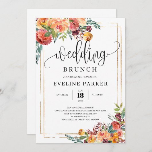 Invitation Automne marigold orange fleurs mariage brunch invi (Devant / Derrière)