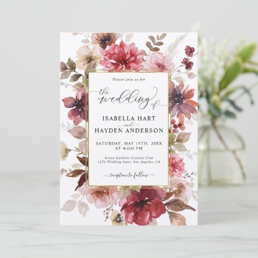 Invitation Automne Maroon Blush Gold All In 1 QR Code Mariage (Debout devant)