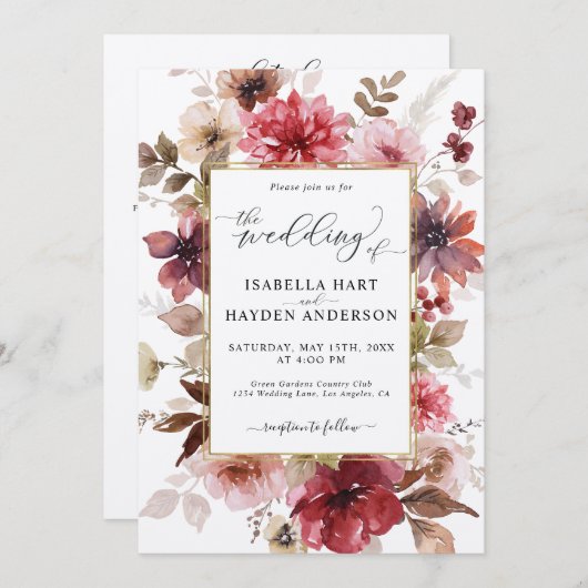 Invitation Automne Maroon Blush Gold All In 1 QR Code Mariage (Devant / Derrière)