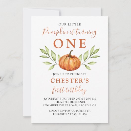 Invitation Automne Moderne Petit Citrouille Premier anniversa (Devant)