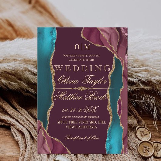 Invitation Automne moderne rouge vert noir or agate Mariage