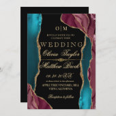 Invitation Automne moderne rouge vert noir or agate Mariage (Devant / Derrière)