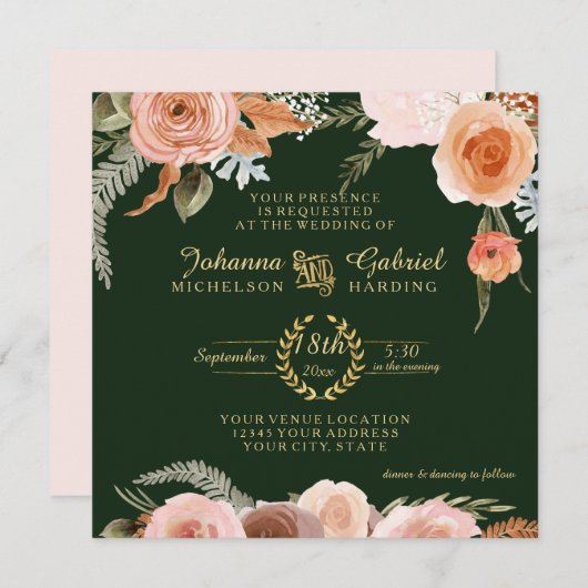 Invitation Automne Neutre Blush Floral Folial Forêt Vert (Devant / Derrière)