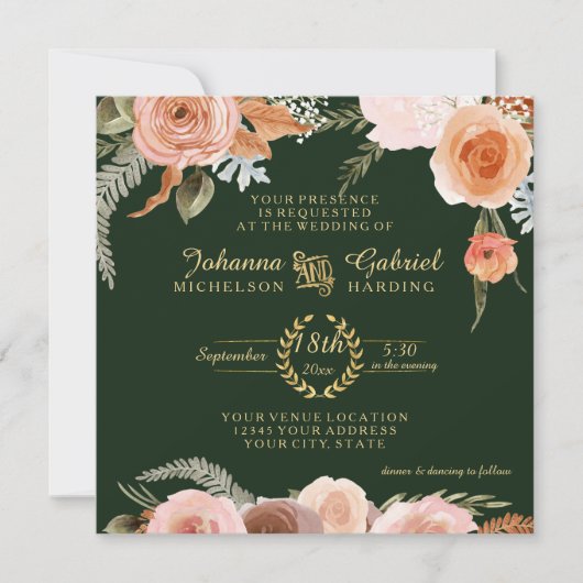 Invitation Automne Neutre Blush Floral Folial Forêt Vert (Devant)