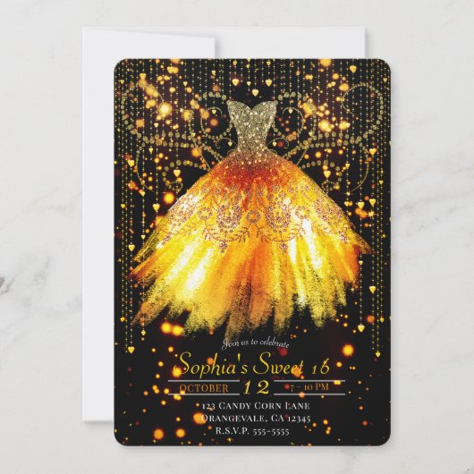 Invitation Automne Orange Black Gold Parties scintillant robe (Devant)