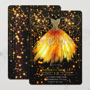 Invitation Automne Orange Black Gold Parties scintillant robe