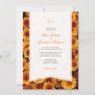 Invitation Automne Orange Chrysanthèmes Monogram Mariage