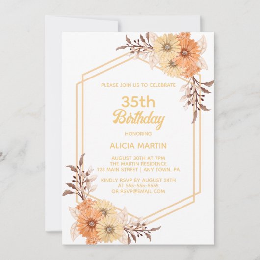 Invitation Automne Orange Fleur Or Blanc Femme Adulte (Devant)