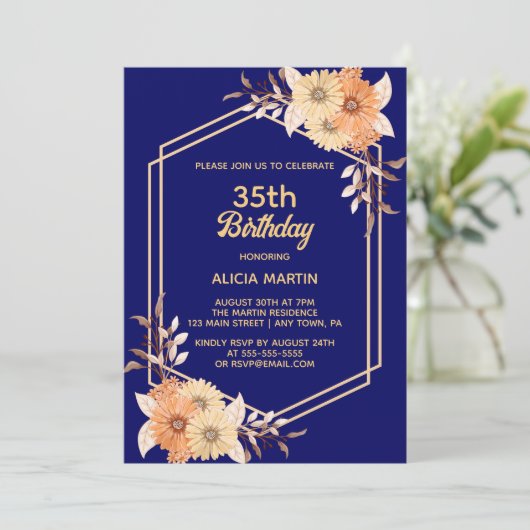 Invitation Automne Orange Fleur Or Marine Bleu Femme Adulte (Debout devant)