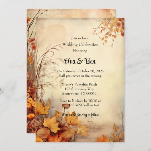 Invitation Automne Orange Foliage Rustique Mariage Célébratio (Devant / Derrière)