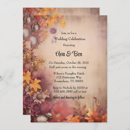 Invitation Automne Orange Purple Tree Rustique Mariage Célébr (Devant / Derrière)