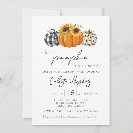 Invitation Automne Petit Citrouille Tournesol Bébé Sprinkle (Devant)