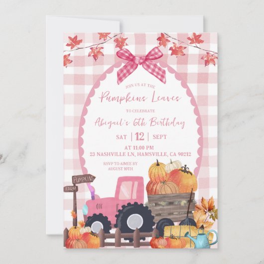 Invitation Automne Pink Bow Citrouille Patch Anniversaire (Devant)