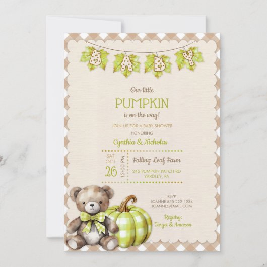 Invitation Automne Plaid Teddy Bear Citrouille Feuilles (Devant)