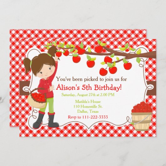 Invitation Automne Pomme ramassage Brunette Anniversaire (Devant / Derrière)