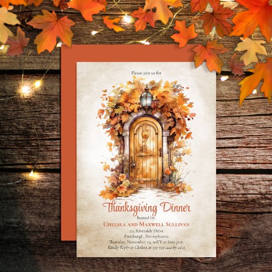 Invitation Automne Porte en Bois Feuilles Thanksgiving Diner 