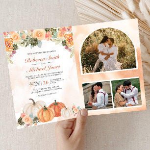 Invitation Automne Pumpkin Floral Code QR Photo de mariage