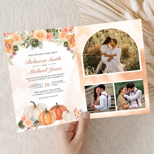 Invitation Automne Pumpkin Floral Code QR Photo de mariage