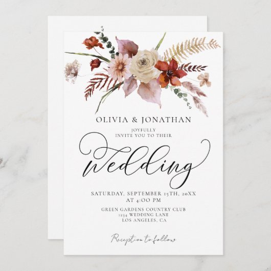 Invitation Automne QR Code tout en un Mariage budgétaire flor (Devant / Derrière)