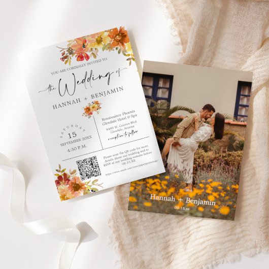 Invitation Automne quitte Mariage Moderne Minimal QR Code pho